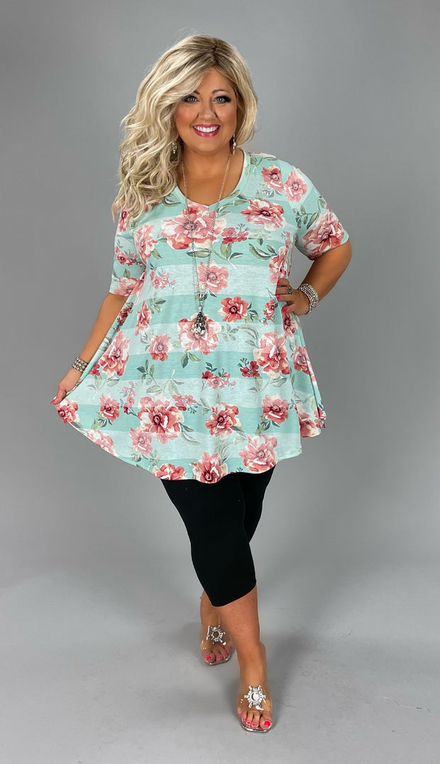 15 PSS-S [Mint For Me} Mint Floral V-Neck Top PLUS SIZE 1X 2X 3X