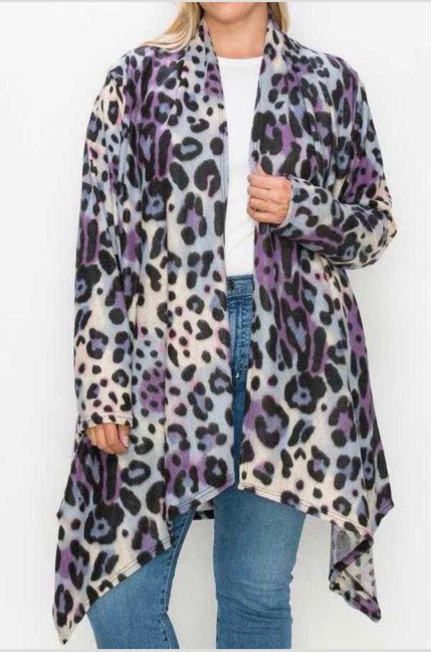 31 OT-A {Love Notes} Blue/Purple Leopard Shark Bite Cardigan EXTENDED PLUS SIZE 3X 4X 5X