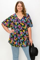 74 PSS {Gonna Be A Good Day} Black Floral V-Neck Top CURVY BRAND!!!  4X 5X 6X