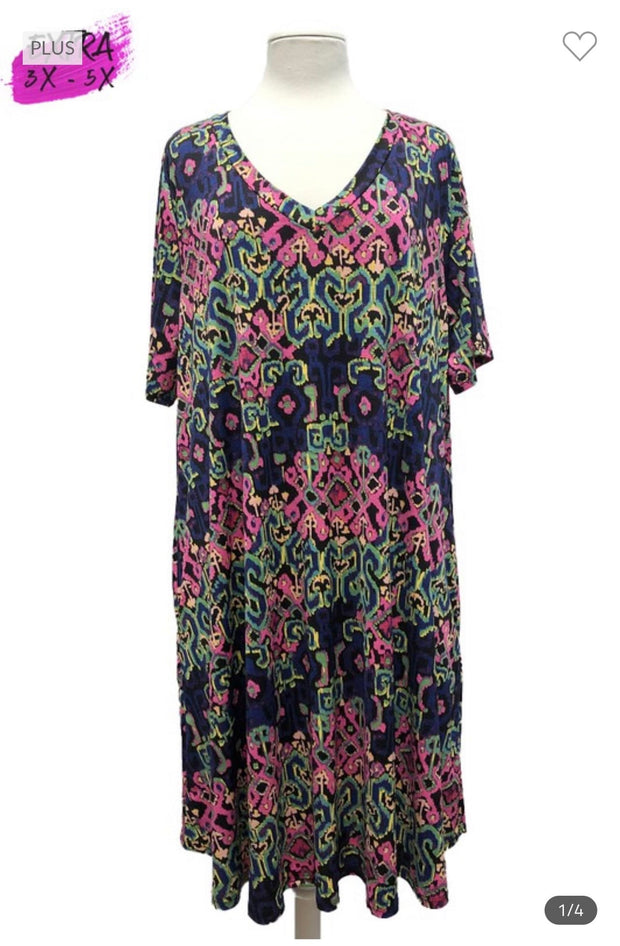 55 PSS-D {One Good Reason} Navy SALE!! Print V-Neck Dress EXTENDED PLUS SIZE 3X 4X 5X