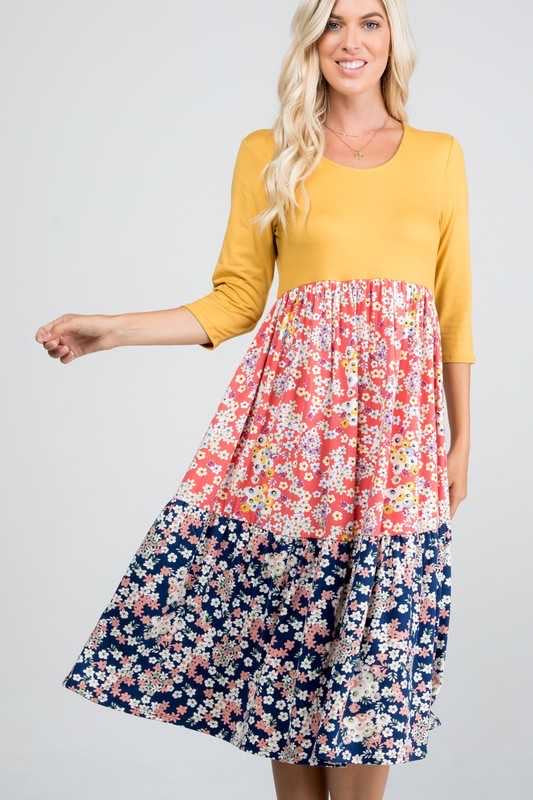 46 CP-C {Bohemian Dreams} Mustard***FLASH SALE*** Floral Contrast Dress PLUS SIZE XL 2X 3X