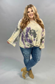 PLS-A {Knot For Me} Tan  Purple Tie Dye Knot Hem Tunic PLUS SIZE XL 2X 3X