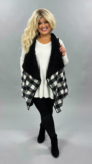 OT-Y {Winter Bliss} Black White Plaid Fuzzy Vest PLUS SIZE XL 2X 3X