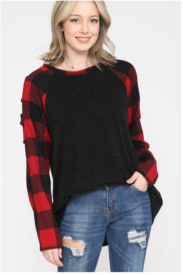 37 OS-A {Evening Away}  Black Red Plaid Cut Sleeve Top PLUS SIZE XL 2X 3X