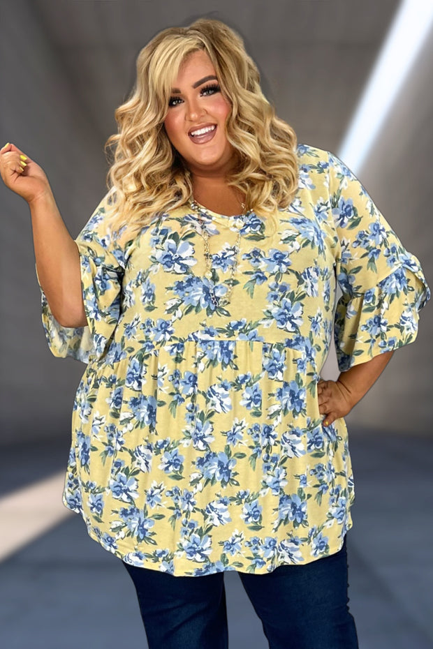 31 PSS-O {Joy Of Dressing} Yellow/Blue Floral Babydoll Top EXTENDED PLUS SIZE 3X 4X 5X