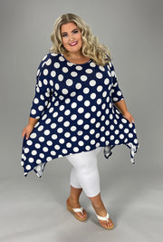 71 PSS-C {Made To Dance} Navy Polka Dot Top Sharkbite Hem EXTENDED PLUS SIZES 3X 4X 5X