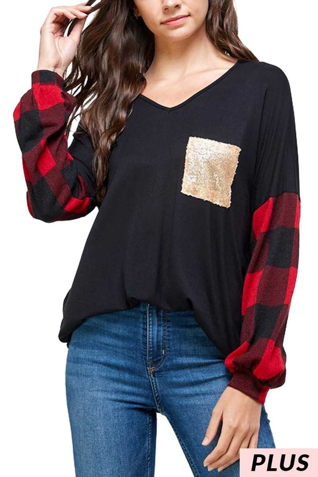 15 CP-H {Glitter Queen}  Black Red Plaid Gold Pocket Top SALE!!!  PLUS SIZE XL 2X 3X