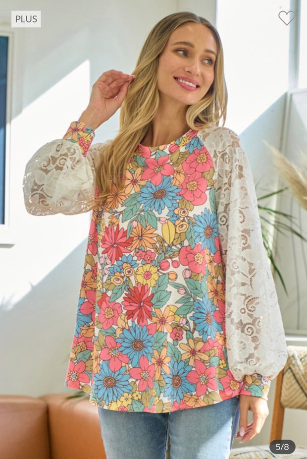 31 CP-K {Trend Of The Day} Multi-Color Floral Top w/Lace Sleeve PLUS SIZE XL 2X 3X