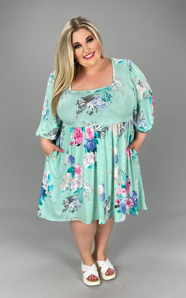 98 PQ-A {Secretly Sweet} Lt. Mint w/ Floral Print Dress PLUS SIZES XL 2X 3X