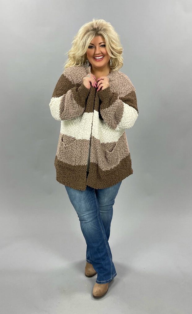 35 OT-A {Get Cozy} Mocha Brown Ivory Popcorn Cardigan PLUS SIZE XL 2X 3X