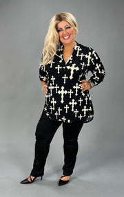 81 PQ-A {Near The Cross} Black Cross Print Roll-Tab Sleeve Top PLUS SIZE 1X 2X 3X