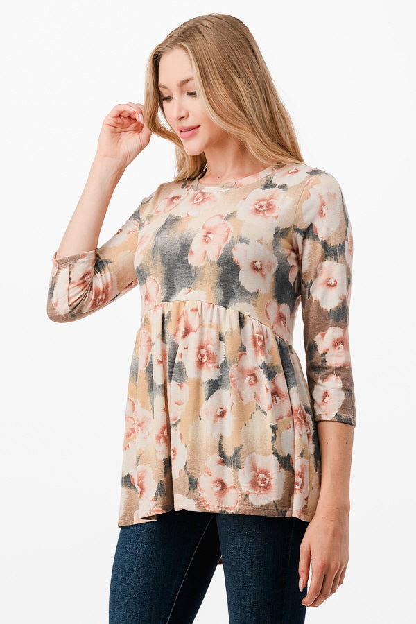23 PQ-B {Floral Feels} Taupe/Mauve Floral Babydoll Top PLUS SIZE 1X 2X 3X