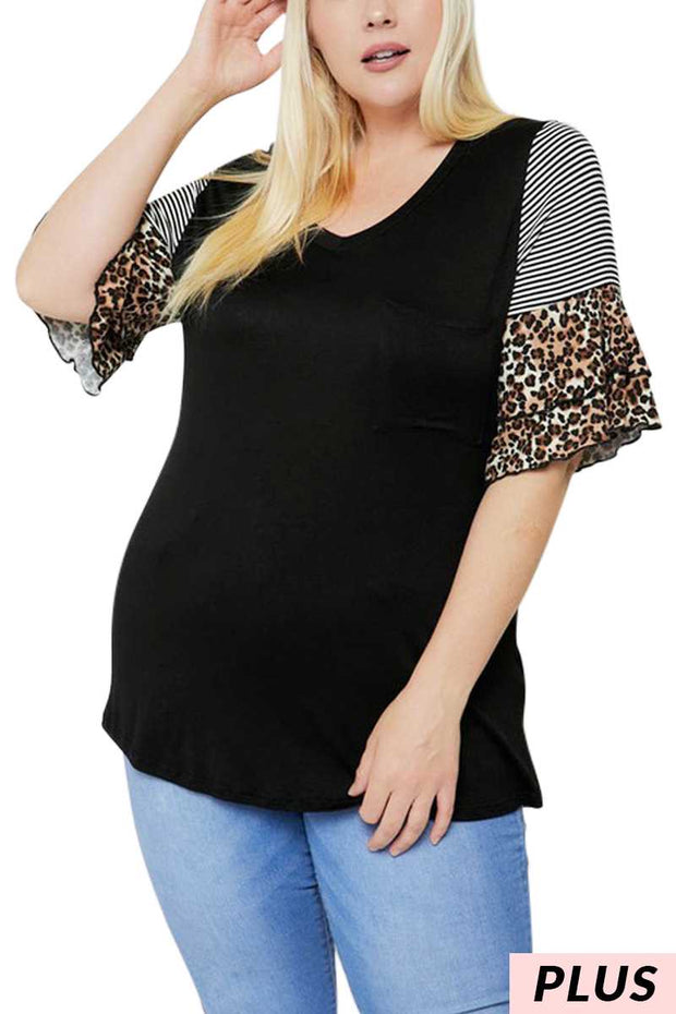 22 CP-O {All Up To You} Black Leopard Ruffle Sleeve Top PLUS SIZE XL 2X 3X