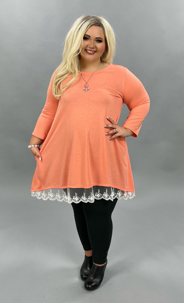 46 SD-A {Pastel Beauty} Coral White Lace Hem Knit Top PLUS SIZE XL 2X 3X