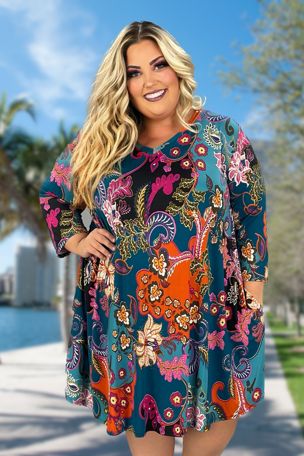 79 PQ-X {No Filters} Teal Floral V-Neck Dress EXTENDED PLUS SIZE 3X 4X 5X