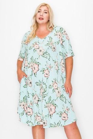 80 PSS-G {Just Say Yes} Mint Floral V-Neck Dress EXTENDED PLUS SIZE 3X 4X 5X