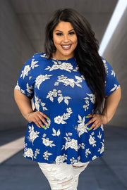 40 PSS-K {Serving Up Looks} Royal Blue Floral Print Tunic EXTENDED PLUS SIZE 3X 4X 5X