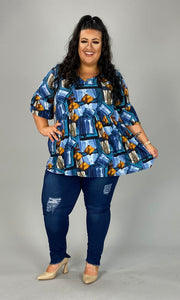 26 PQ-H {Tangram Beauty} Blue Multi Shape Printed Top SALE!!  EXTENDED PLUS SIZE 3X 4X 5X