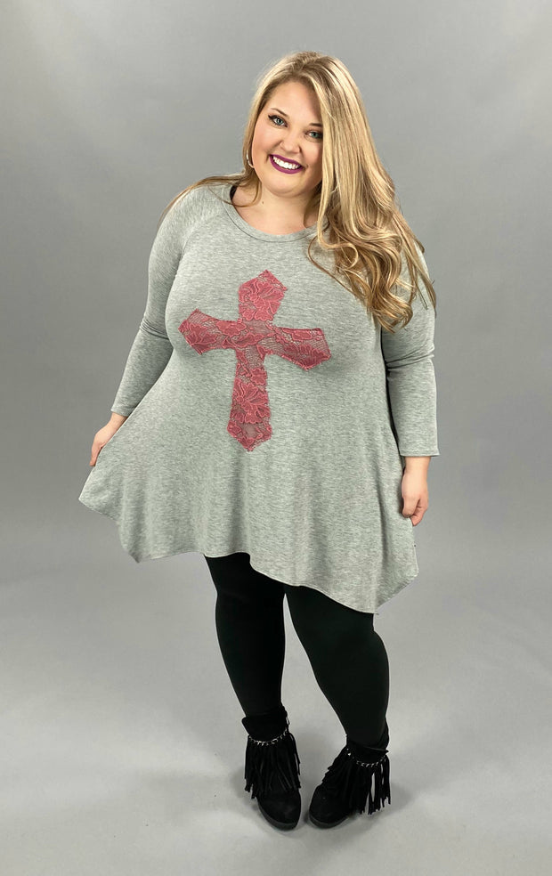 29 GT-C {Don't Cross Me} Grey Pink Cross Detail Top PLUS SIZE XL 2X 3X