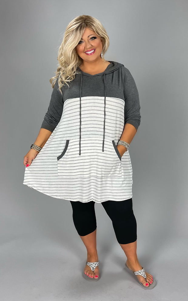 18 HD-A {Curvy Spotlight} Charcoal  Gray Striped Hoodie Extended Plus