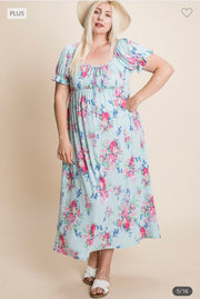 LD-S {Wishful Thinking} Mint Floral Babydoll Midi Dress PLUS SIZE 1X 2X 3X