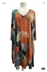 82 PQ-B {Fine By Me} Orange Print V-Neck Dress EXTENDED PLUS SIZE 3X 4X 5X