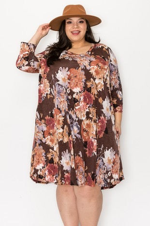 11 PQ-B {Lovely Dreamer} Brown Floral V-Neck Dress EXTENDED PLUS SIZE 3X 4X 5X