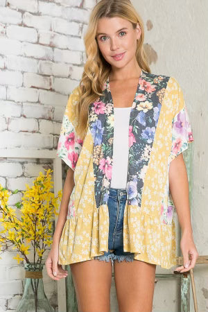 85 OT-A {Committed Floral} Yellow Floral***SALE*** Short Kimono PLUS SIZE XL 2X 3X