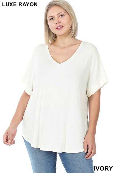 58  SSS-A {Hint of Ivory} ***SALE***Ivory V-Neck Top Short Cuffed Sleeve Top PLUS SIZE 1X 2X 3X