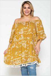 85 OS-B {Boho Paisley} MUSTARD  ***FLASH SALE***!  Paisley Top W/Fringe  EXTENDED PLUS SIZE 4X 5X 6X