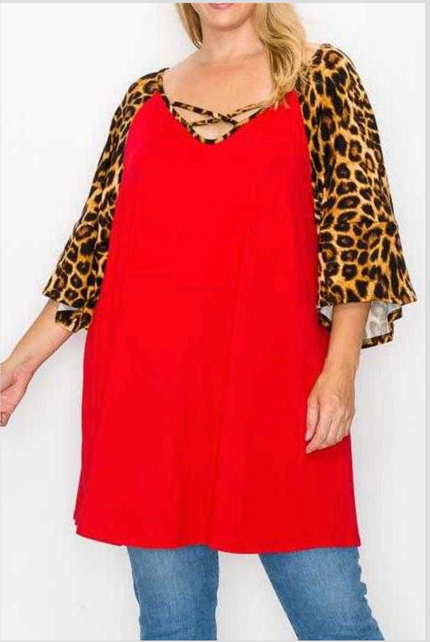 21 CP-P {Cross It Off} Red Leopard Criss -Cross Tunic Extended Plus Size 1X 2X 3X 4X 5X 6X