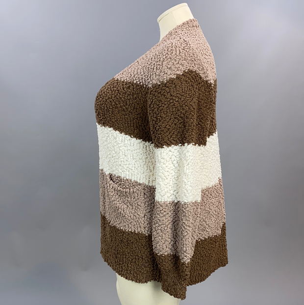 35 OT-A {Get Cozy} Mocha Brown Ivory Popcorn Cardigan PLUS SIZE XL 2X 3X