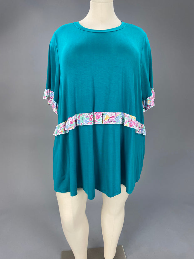 57 CP-Z {Appreciate You} Jade Tunic w/ Floral Contrast CURVY BRAND!!! EXTENDED PLUS SIZE XL 2X 3X 4X 5X 6X