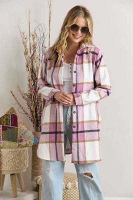 19 OT-A {Time Is Precious} Pink Plaid Button Up Shacket PLUS SIZE XL 2X 3X