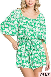 66 OR 33 RP-R {Awaken Your Fantasy} Green Floral Lined Romper PLUS SIZE 1X 2X 3X