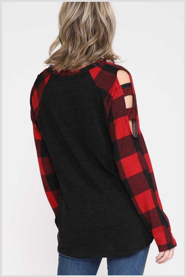 37 OS-A {Evening Away}  Black Red Plaid Cut Sleeve Top PLUS SIZE XL 2X 3X