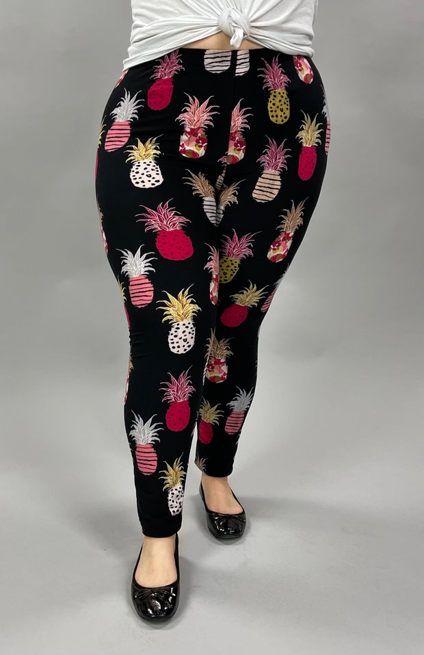 BIN 98  {Pineapple Patch} Black Pineapple Print Leggings EXTENDED PLUS SIZE 3X/5X