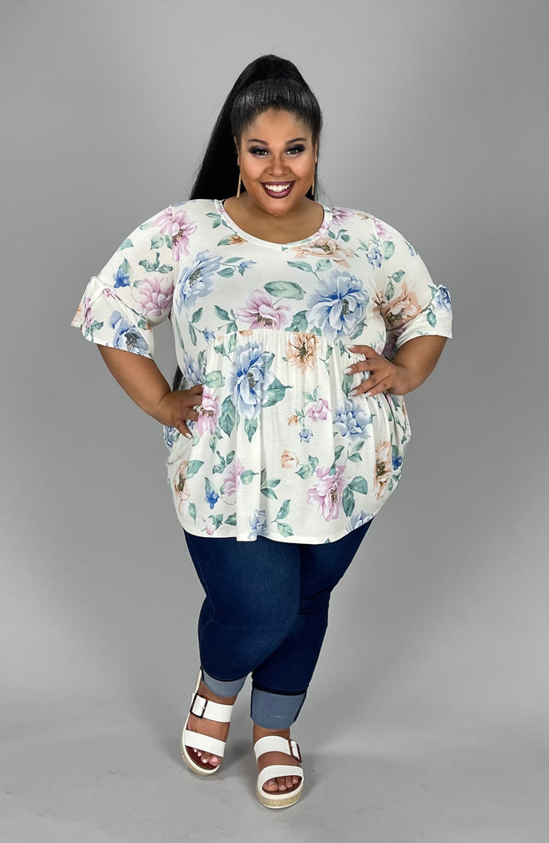 74 PSS-C {Dream State} Ivory Floral Babydoll***SALE*** V-Neck Top PLUS SIZE 1X 2X 3X