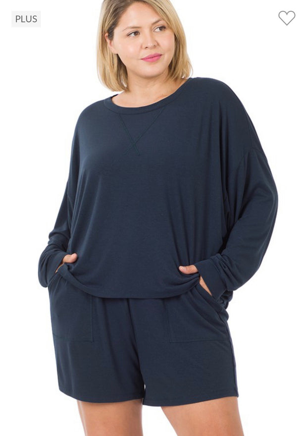 21 SET-B {The Good Life} Navy Long Sleeve Short Set PLUS SIZE 1X 2X 3X