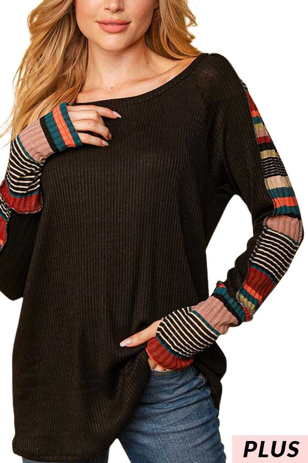 71 CP-J {No Rules} Black Ribbed Top  w/Striped Contrast PLUS SIZE XL 2X 3X