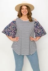 87 OS {Curvy Fun Time} Ivory/Navy Stripe Floral Sleeve Top CURVY BRAND!!!  EXTENDED PLUS SIZE 4X 5X 6X