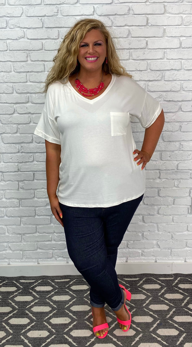 63 SSS-X {Easy Going}  SALE! WHITE V-Neck Top Cuffed Sleeves PLUS SIZE XL 2X 3X