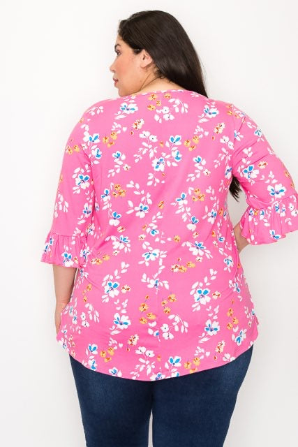 54 PQ-C {Joy Is Here} Pink Floral Caged Neck Tunic CURVY BRAND!!!  EXTENDED PLUS SIZE 4X 5X 6X