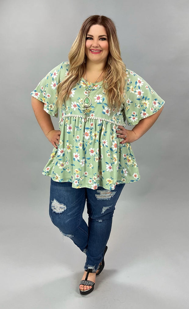 93 PSS-I {Wildflower} SAGE Floral Babydoll Top PLUS SIZE 1X 2X 3X***FLASH SALE***