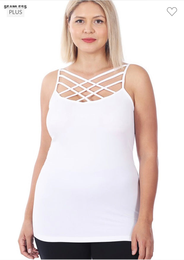 TANK {Uptown Girl} WHITE Caged Neck Shaper Tank  PLUS SIZE 1X/2X  2X/3X