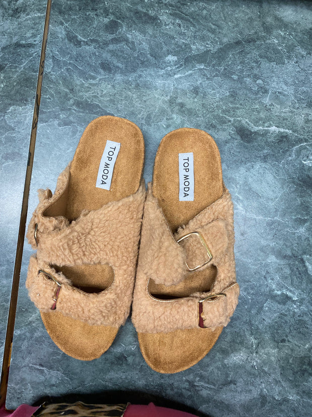 SHOES {Top Moda} Camel 2 Strap Slides w/Buckle