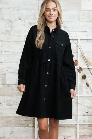 95 PLS-F {Dark As Night} Black Button Up Corduroy Dress PLUS SIZE 1X/2X  2X/3X