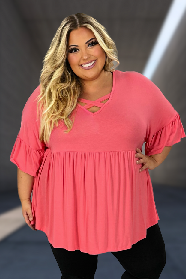 28 SSS-E {Express Your Style} Coral Criss-Cross Babydoll Tunic CURVY BRAND!!!  EXTENDED PLUS SIZE  1X 2X 3X 4X 5X 6X