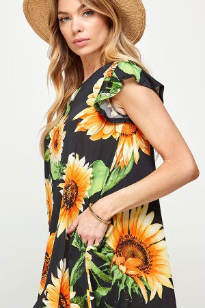 30 PSS-A {Sunflower Fun Flower} Black ***SALE***Printed Dress PLUS SIZE 1X 2X 3X