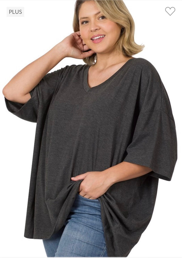 46 SSS-F {Charm Me} Charcoal Oversized V-Neck Top PLUS SIZE 1X 2X 3X